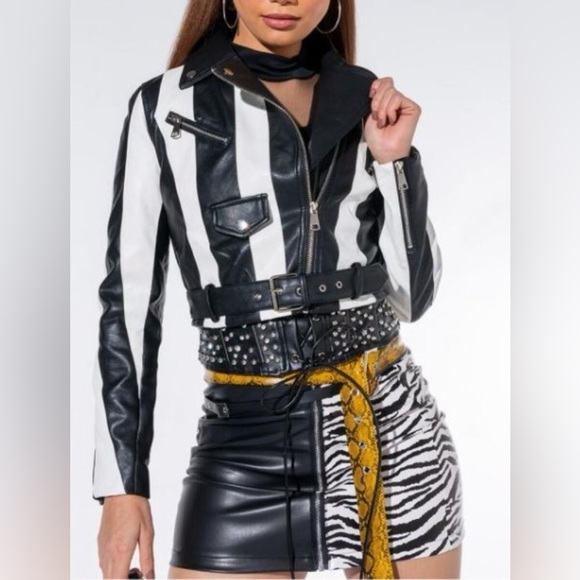 Black & White Crop Biker Jacket - Picture 2 of 4